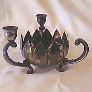 Vintage Silver Plated Candlestick Holder Lotus Incense Bowl Aladdin